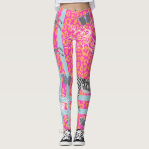 Legging Na moda Moderna Eclética Fluo Cor de Rosa Azul