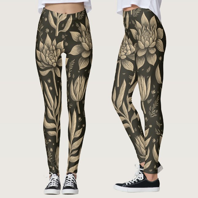 Legging Na moda Monocromo Boho Suculente Padrão Floral (Criador carregado)