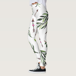 Legging Na moda Natures Elegance Pink & Green Leaves Seta