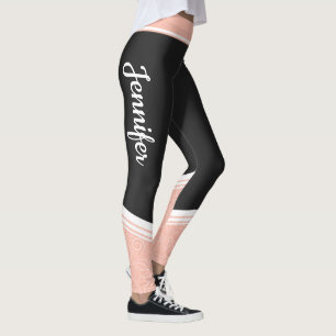 Legging Na moda preto e cor-de-rosa listras brancas e flor