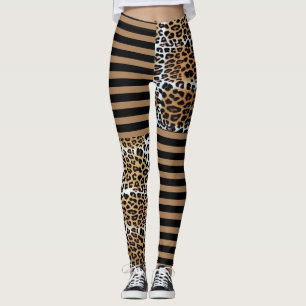 Legging Na moda-Quadrado Leopardo-Castanho e Stripes Casta