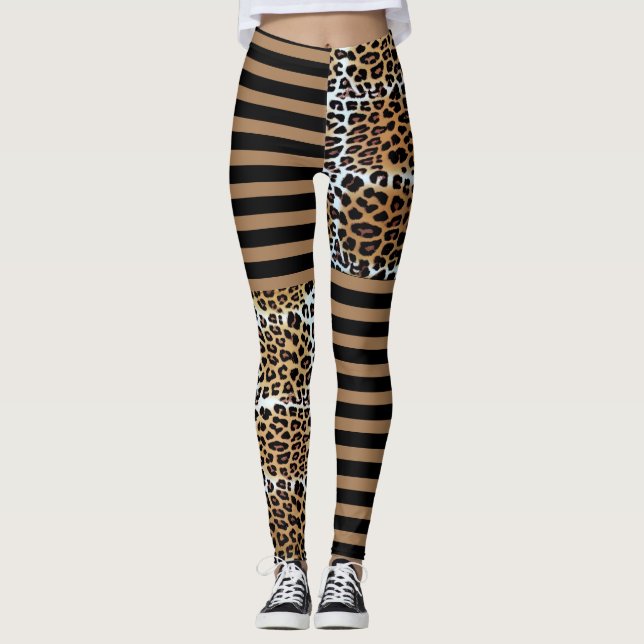 Legging Na moda-Quadrado Leopardo-Castanho e Stripes Casta (Frente)
