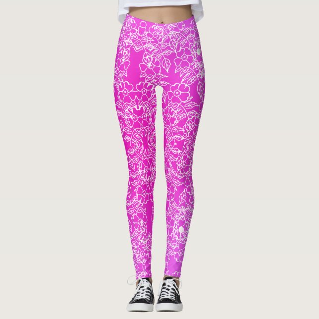 Legging Na moda White Floral impressão a cor-de-rosa (Frente)