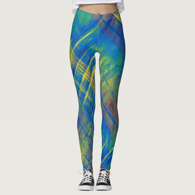 Legging Na moda Xadrez Distante Verificar Azul, verde, ama (Frente)