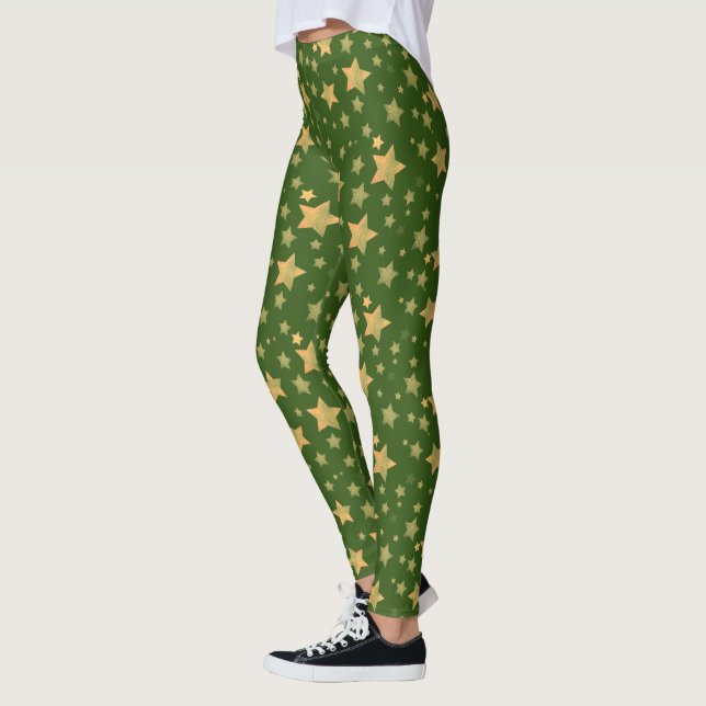 Legging Natais vintages de padrão de estrelas verdes e Dou (Esquerda)
