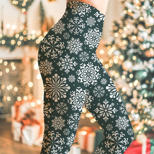 Legging Natal com padrão de floco de neve verde escuro e b (Criador carregado)