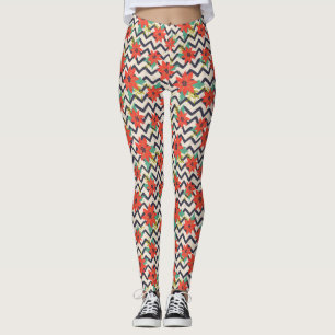Legging Natal Red Poinsettia Black & White Chevron