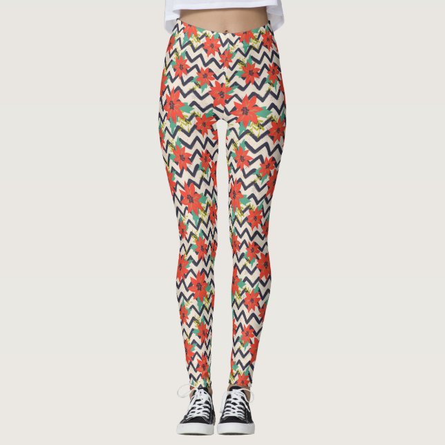 Legging Natal Red Poinsettia Black & White Chevron (Frente)