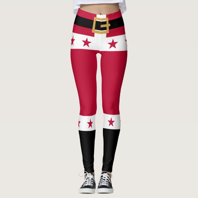 Legging Natal Red White Stars Belt Papai Noel Mulheres (Frente)