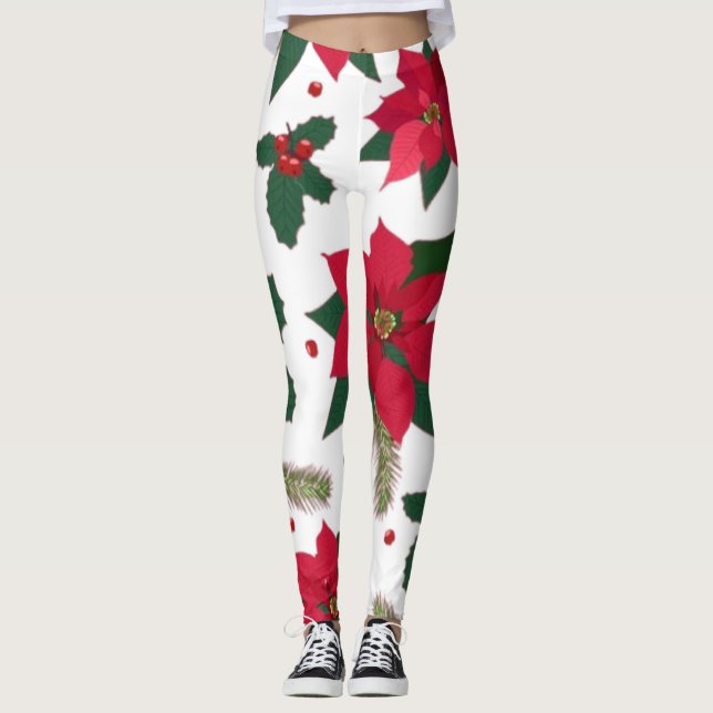 Legging Natal sem costura com Poinsettia (Frente)