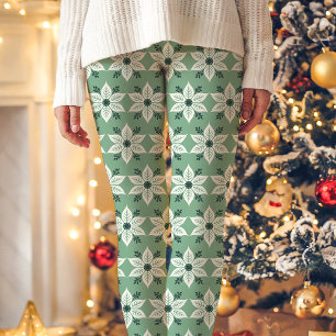 Legging Natal Verde e Branco com Padrão de Poinsettia