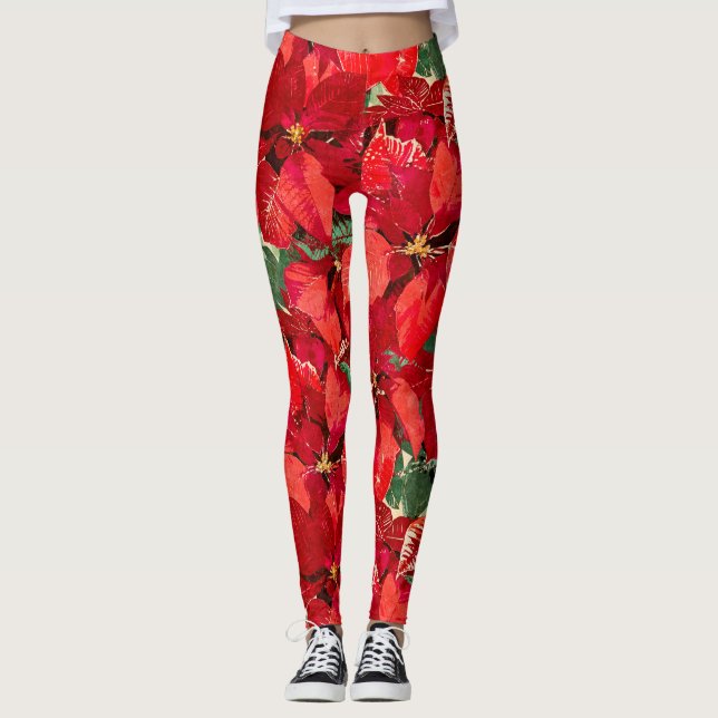 Legging Natal vermelho da poinsétia (Frente)