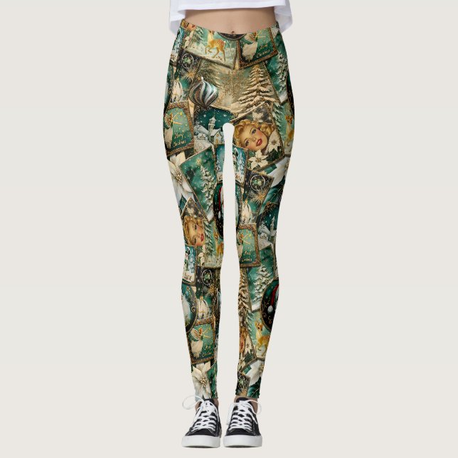 Legging Natal Vintage Retro: Colagem Verde (Frente)