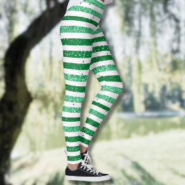 Legging Nature Green White Horizontal Glitter Stripes