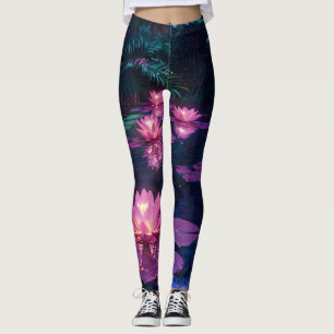 Legging Natureza Zen Meia-Noite Lago de Lótus Rosa