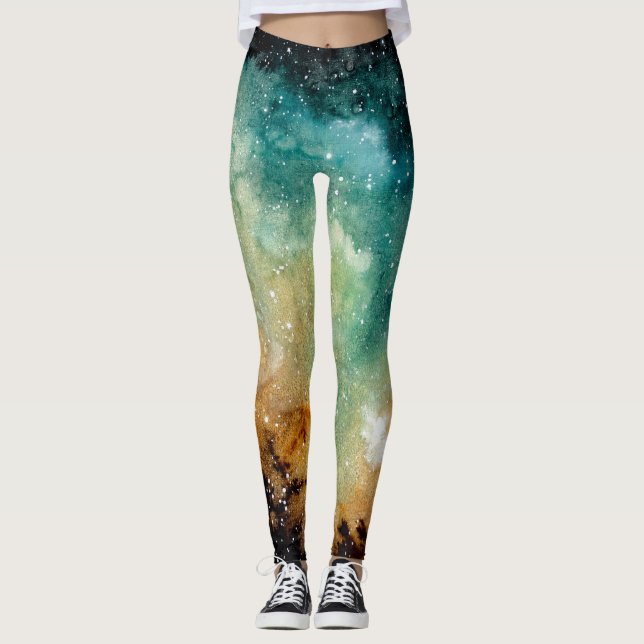 Legging Nébula amarela clara, cor d'água céu escuro. (Frente)