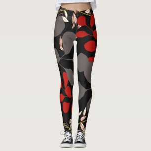 Legging Negrito Preto Vermelho Cinza Folhas Florais Botâni