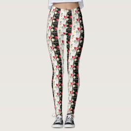Legging Negro e branco de flores rosadas