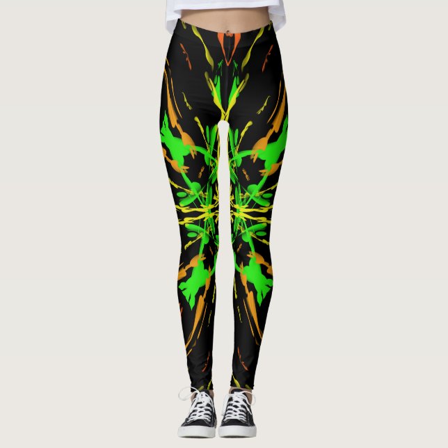 Legging Neon Chaos, Traços Verdes no Fundo Negro (Frente)