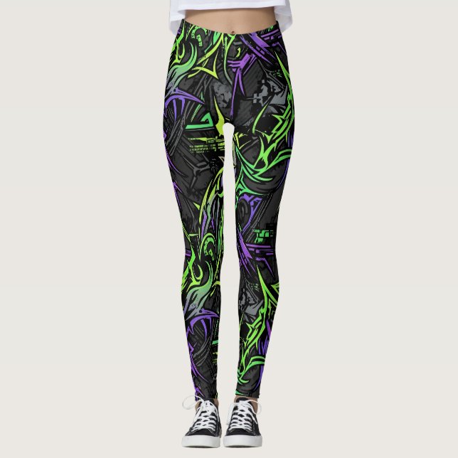 Legging Neon Ciber: Verde Elétrico e Roxo (Frente)