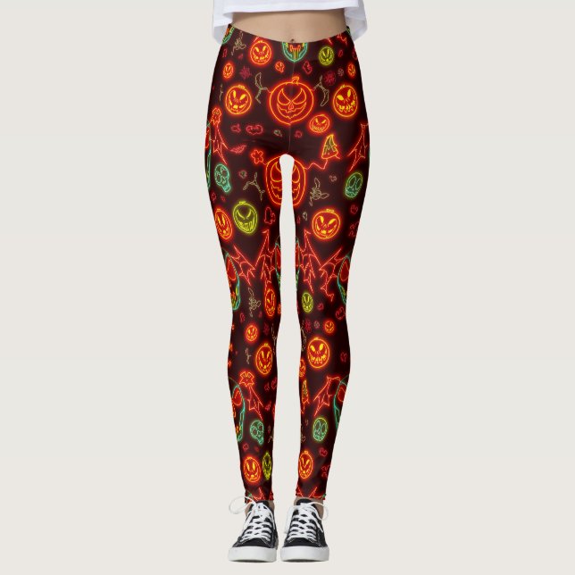 Legging Neon Jack-o-Lanterna Cena Noturna de Halloween (Frente)
