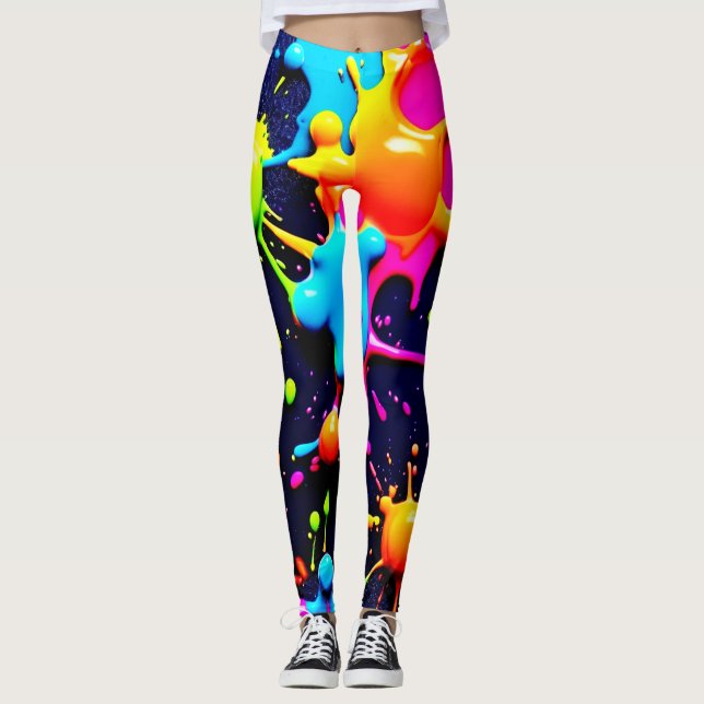 Legging Neon Paint Splatter Abstrato Art (Frente)