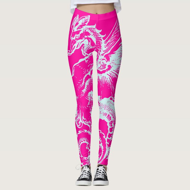 Legging Neon Pink e Teal Dragon Padrão Athletic (Frente)