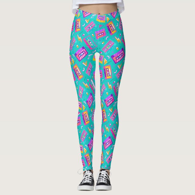 Legging Neon Pink Teal Trendy anos 80 Cassette Music Leggi (Frente)