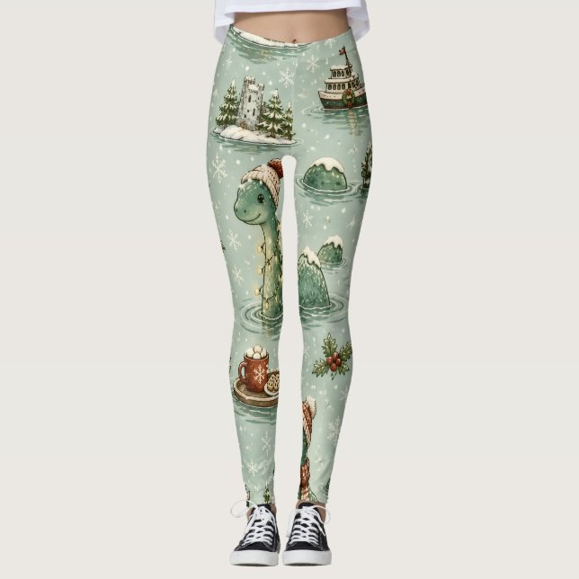 Legging Nessie do Natal Monstro do Lago Ness Aconchegante  (Frente)