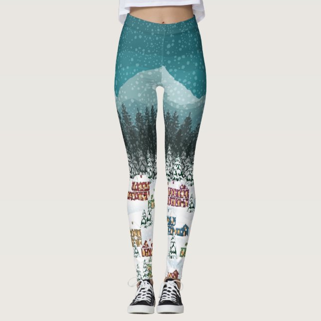 Legging Noite de Natal - Horizontal City Snowfall Landscap (Frente)