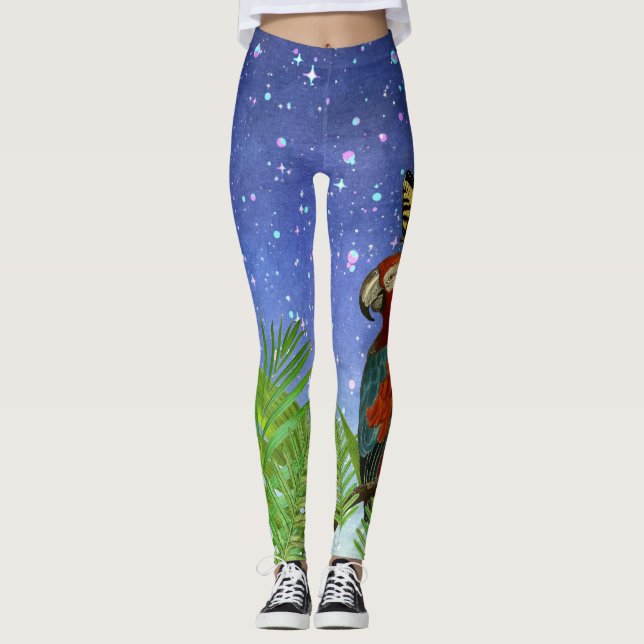 Legging Noite Mística Divertida, Papagaio e Borboleta (Frente)