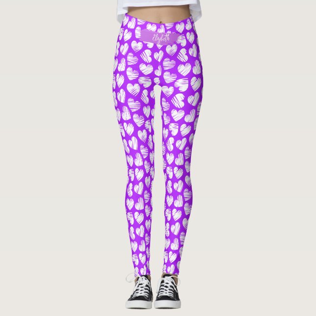 Legging Nome do Namorados do Coração Branca Roxo Moderno (Frente)