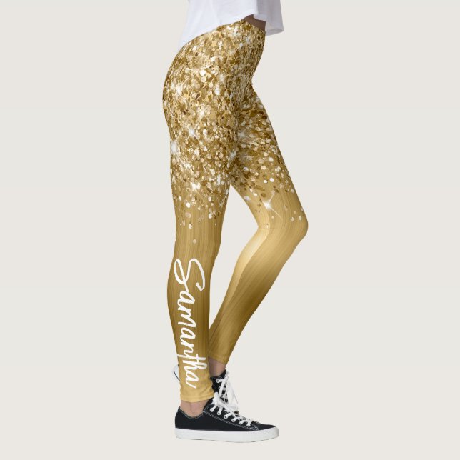 Legging Nome do Script de Pincel do Glittery Dourado Glam (Direita)