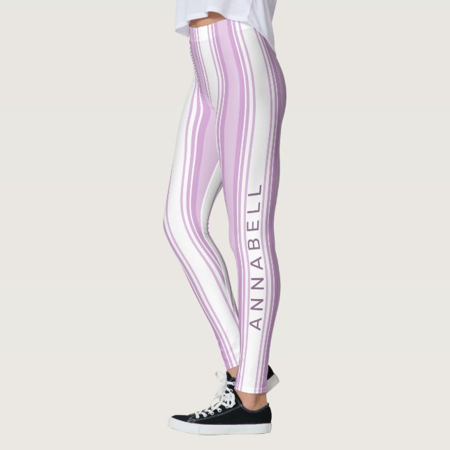 Legging Nome personalizado de faixas verticais púrpura e b (Esquerda)