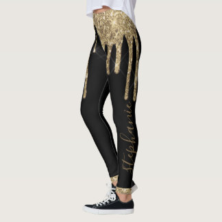 Legging Nome personalizado do chip glitter preto dourado