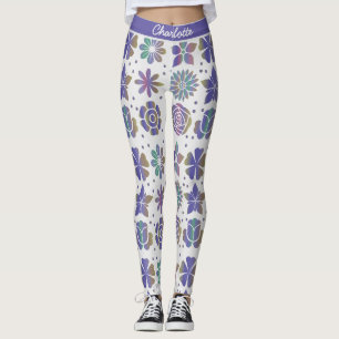 Legging Nome personalizado do padrão floral roxo de rabisc
