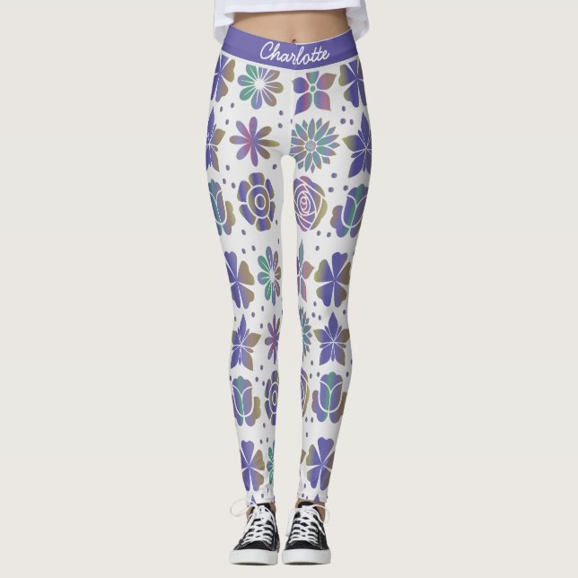 Legging Nome personalizado do padrão floral roxo de rabisc (Frente)