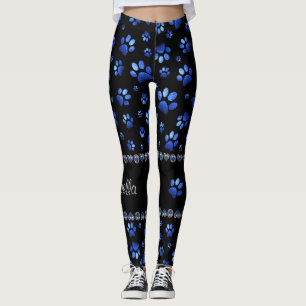 Legging Nome personalizado, patas de cão com brilho azul