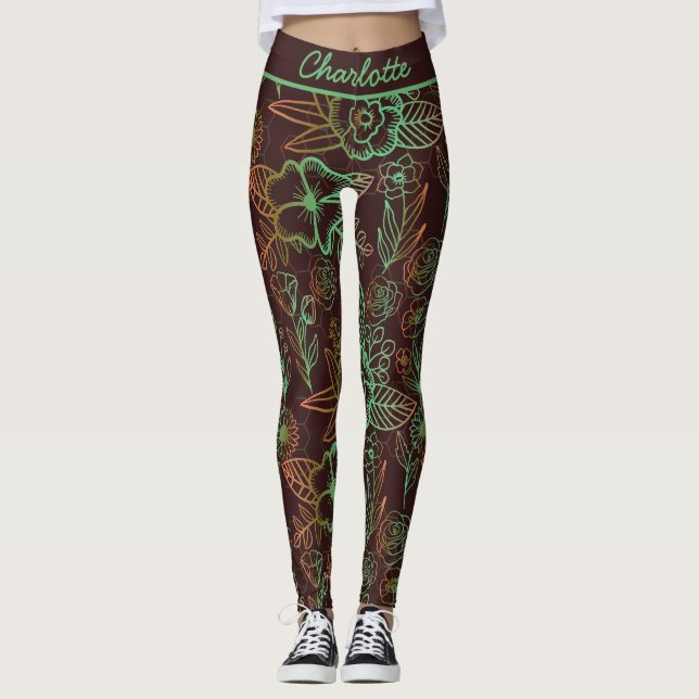 Legging Nome personalizado verde padrão uniforme floral (Frente)