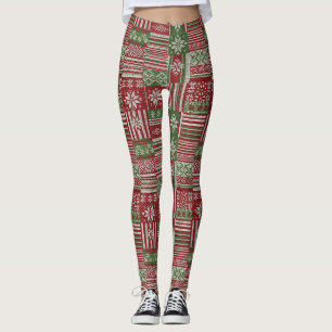 Legging Nórdico Fair Isle Natal Vermelho Verde Tricô