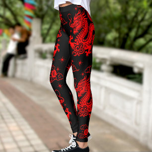 Legging Novo Ano Moderno do Dragão Vermelho Negro Chinês