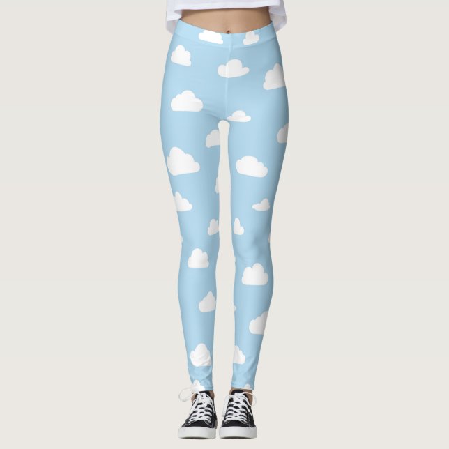 Legging Nuvens brancas de desenhos em segundo plano azul (Frente)