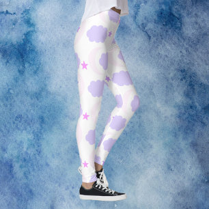Legging Nuvens Lua Crescente Estrelas Padrão Rosa Roxo