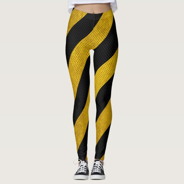 Legging O cuidado preto amarelo do tráfego listra (Frente)