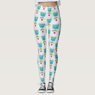 Legging O cupcake azul bonito com Kawaii enfrenta