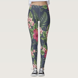 Legging O hibiscus vermelho floresce caneleiras escuras do