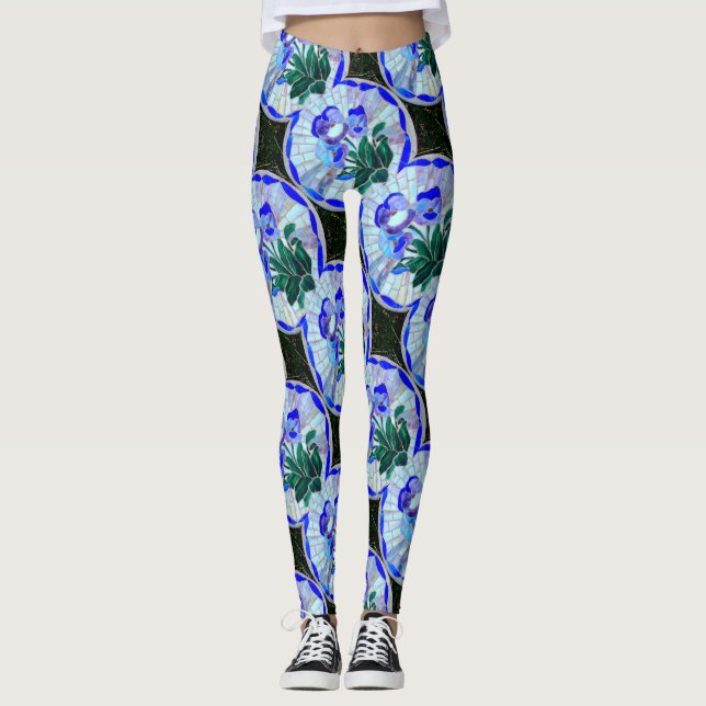 Legging o mosaico circunda a flor azul (Frente)