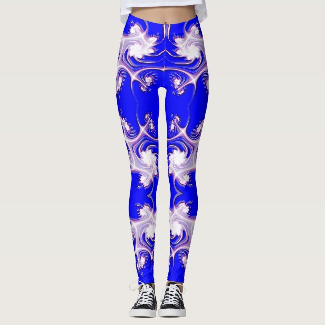 Legging O rosa no Fractal azul floresce caneleiras (Frente)