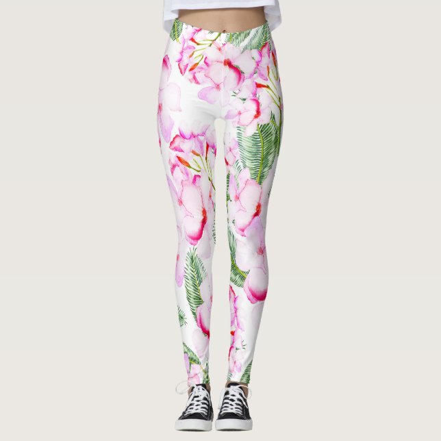 Legging Oásis Botânico Tropical Verde Rosa Folhas Florais (Frente)