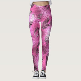 Legging Olhar Brilhante de Folha de Faux Prata e Impressão